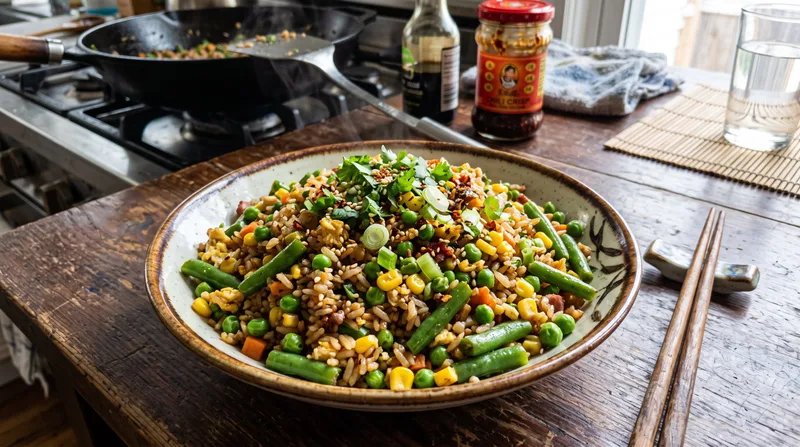Китайский жареный рис с зелёной фасолью, горохом и кукурузой