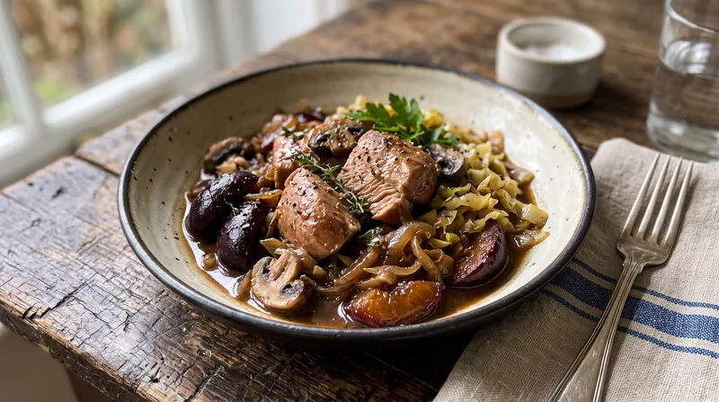 Stewed turkey fillet with black plums