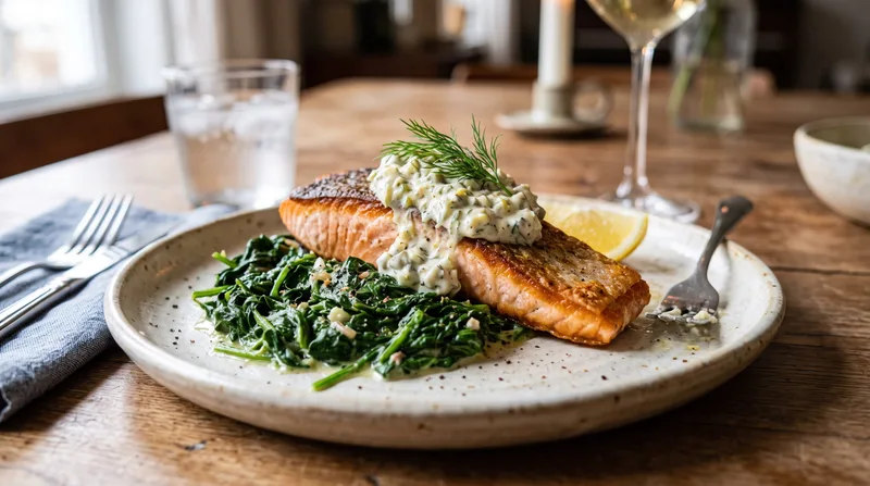 Salmon with spinach in tartar sauce