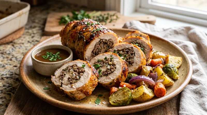 Baked chicken roll stuffed with beef