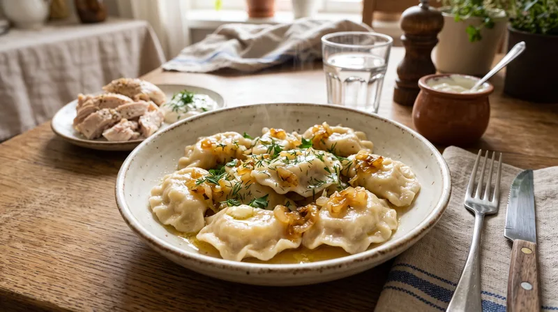 Dumplings with potatoes and boiled chicken