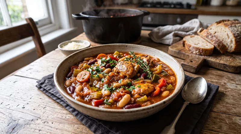 Овощное рагу с курицей и фасолью