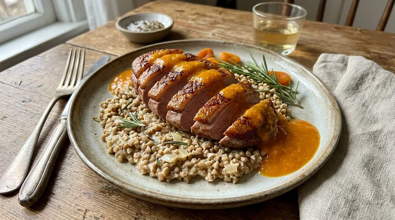 Duck breast with buckwheat and apricot sauce