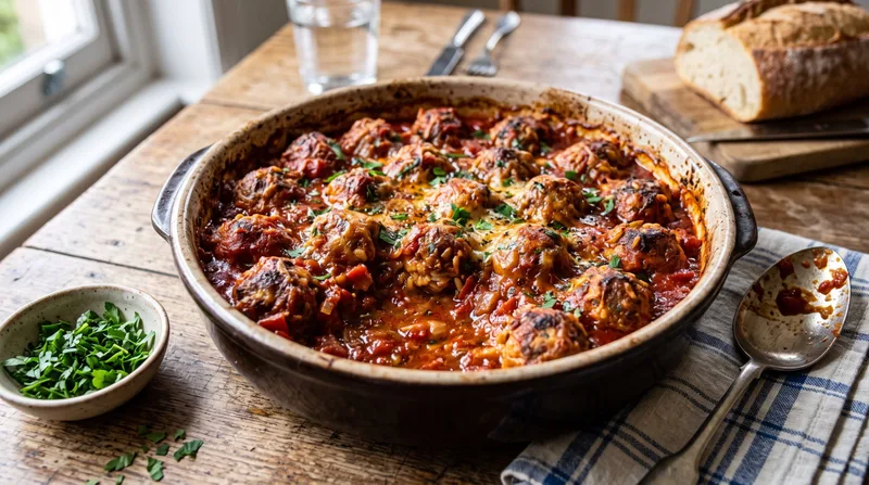 Мясо-рисовые фрикадельки, запечённые в духовке, в томатном соусе