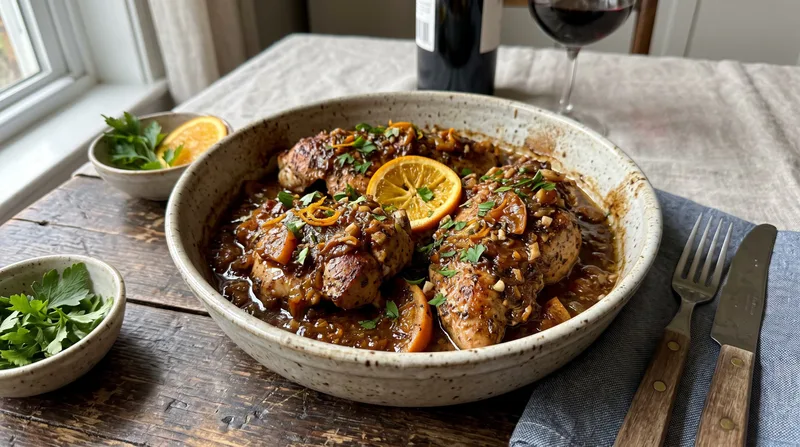 Fried turkey fillet in wine and orange sauce